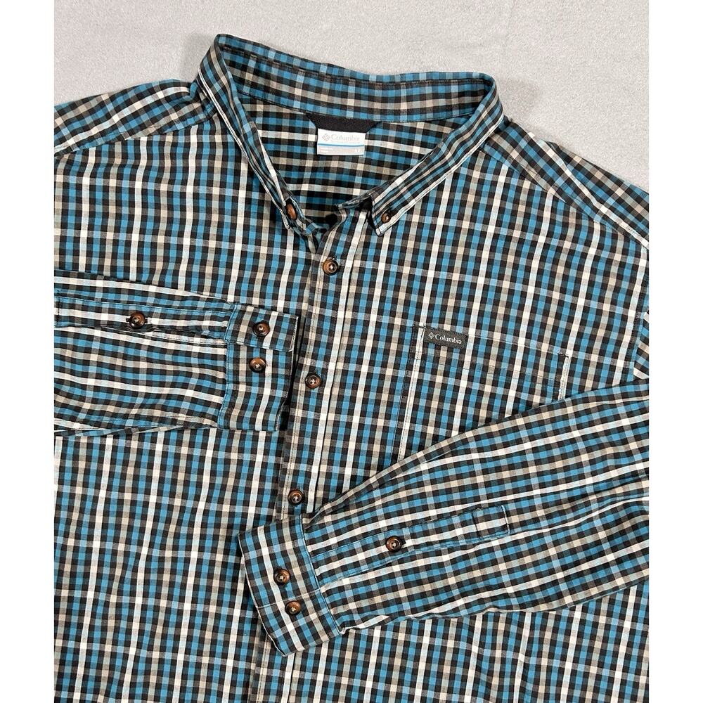 Columbia Sportswear Co. Size 3X Cotton Elastic Long Sleeve Blue Grey Plaid Shirt